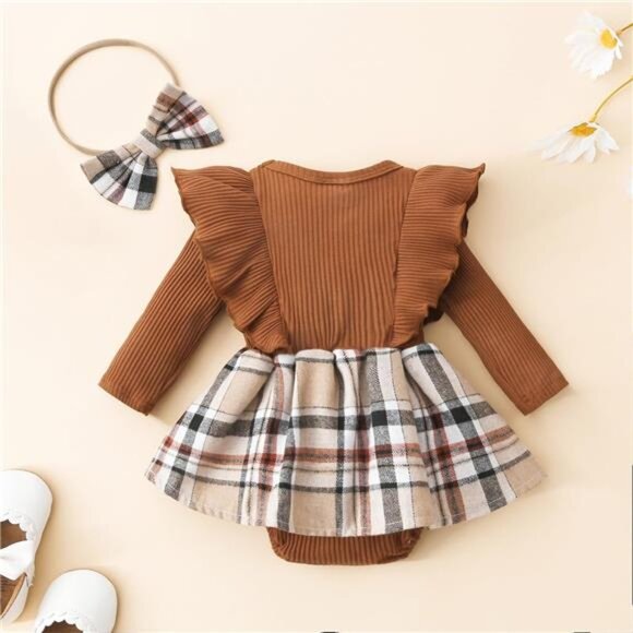 Baby Girl Fall Winter Outfit Set Plaid Romper Jumpsuit with Bow Headband - Picture 3 of 6